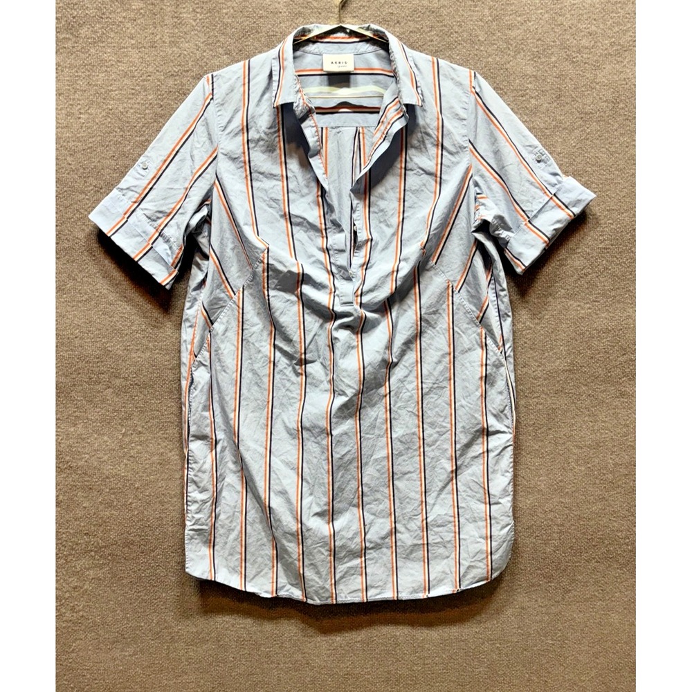 AKRIS PUNTO White Blue Striped 100% Cotton Tunic Poplin Shirt Mini Dress 14 EUC